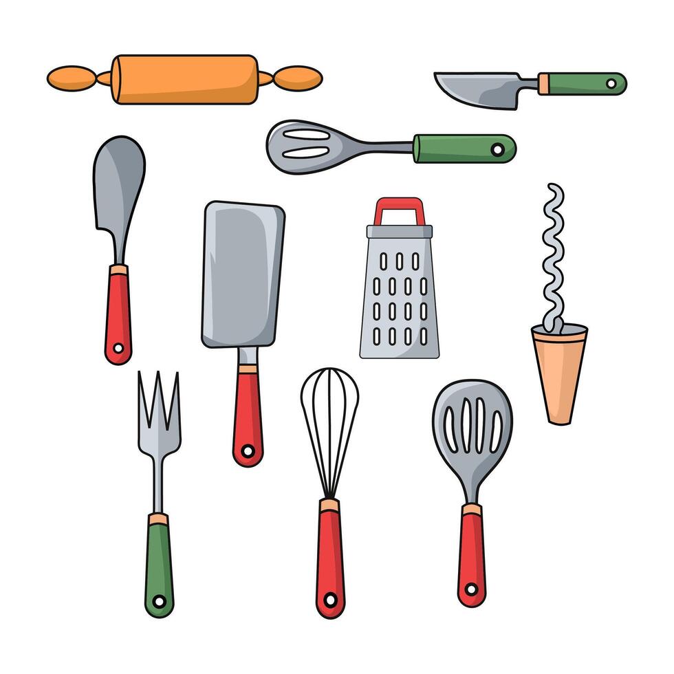 Set colorful kitchen utensils illustrations, handdrawn cartoon style. Kitchenware collection vector