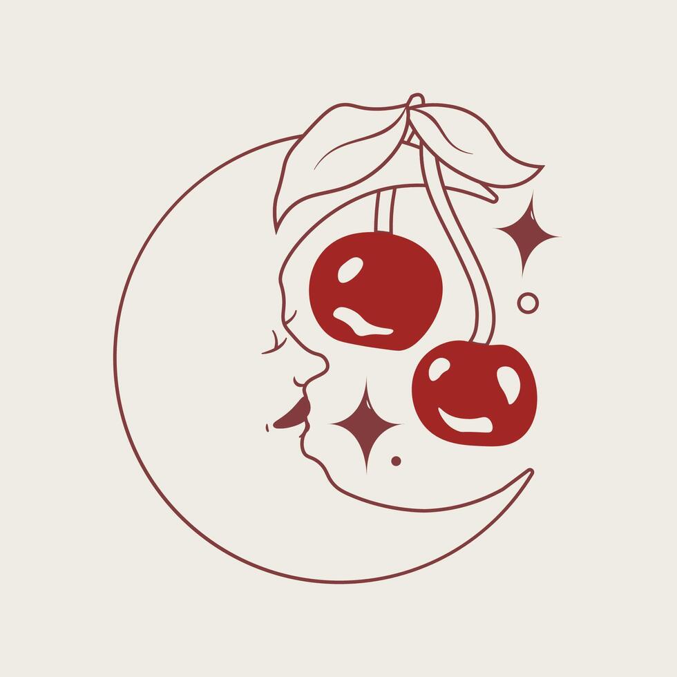 Red Cherries and Smiling Crescent Moon vector