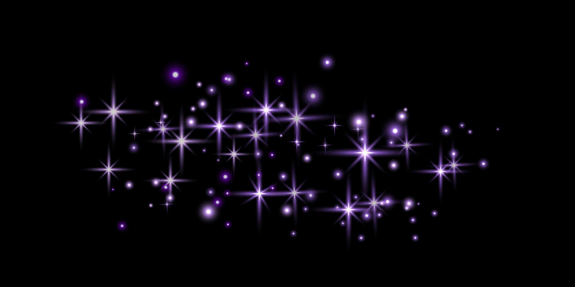Purple glittering dots, particles, stars, magic sparks with smoke. Glow flare light effect. Purple luminous points in fog. vector