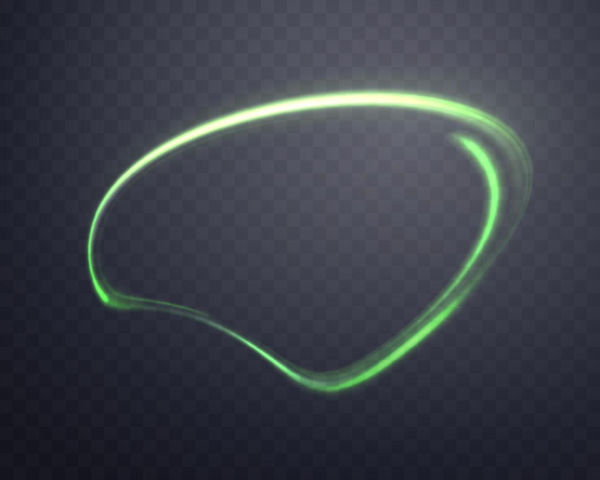 Curved green glowing ring. Neon realistic energy flare circle. Abstract light effect vector