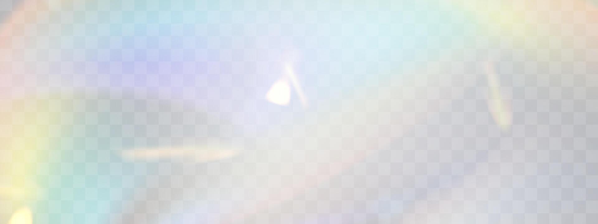 Blurred rainbow refraction overlay effect. Light lens prism effect. Holographic reflection, crystal flare leak shadow overlay vector