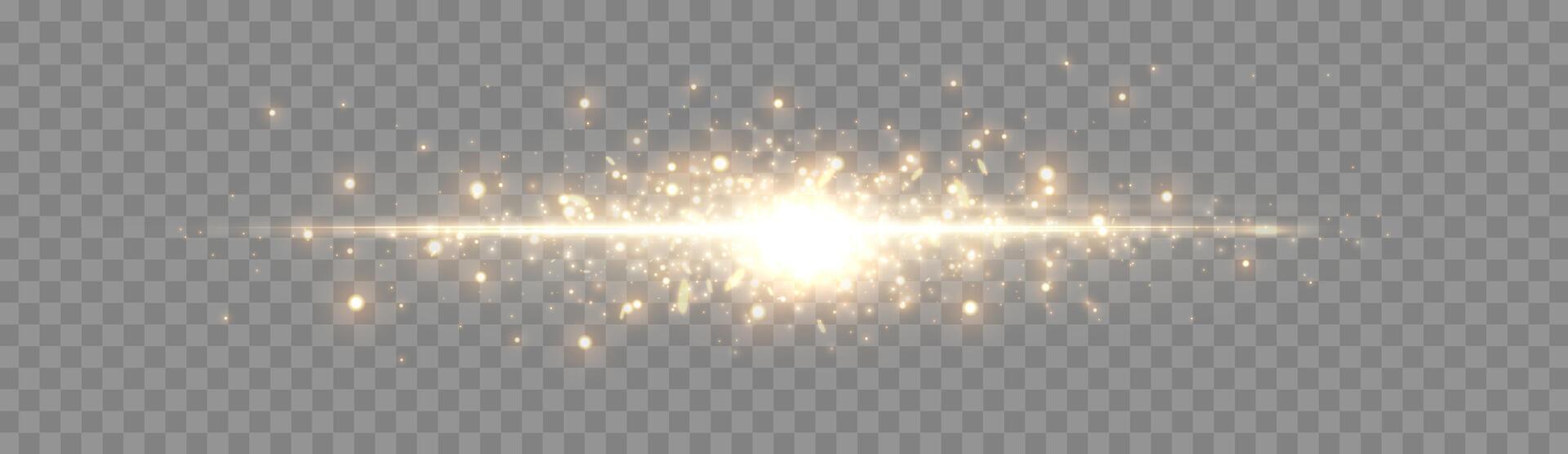 Gold horizontal lensflare. Light flash with rays or gold spotlight and bokeh. Yellow glow flare light effect. vector