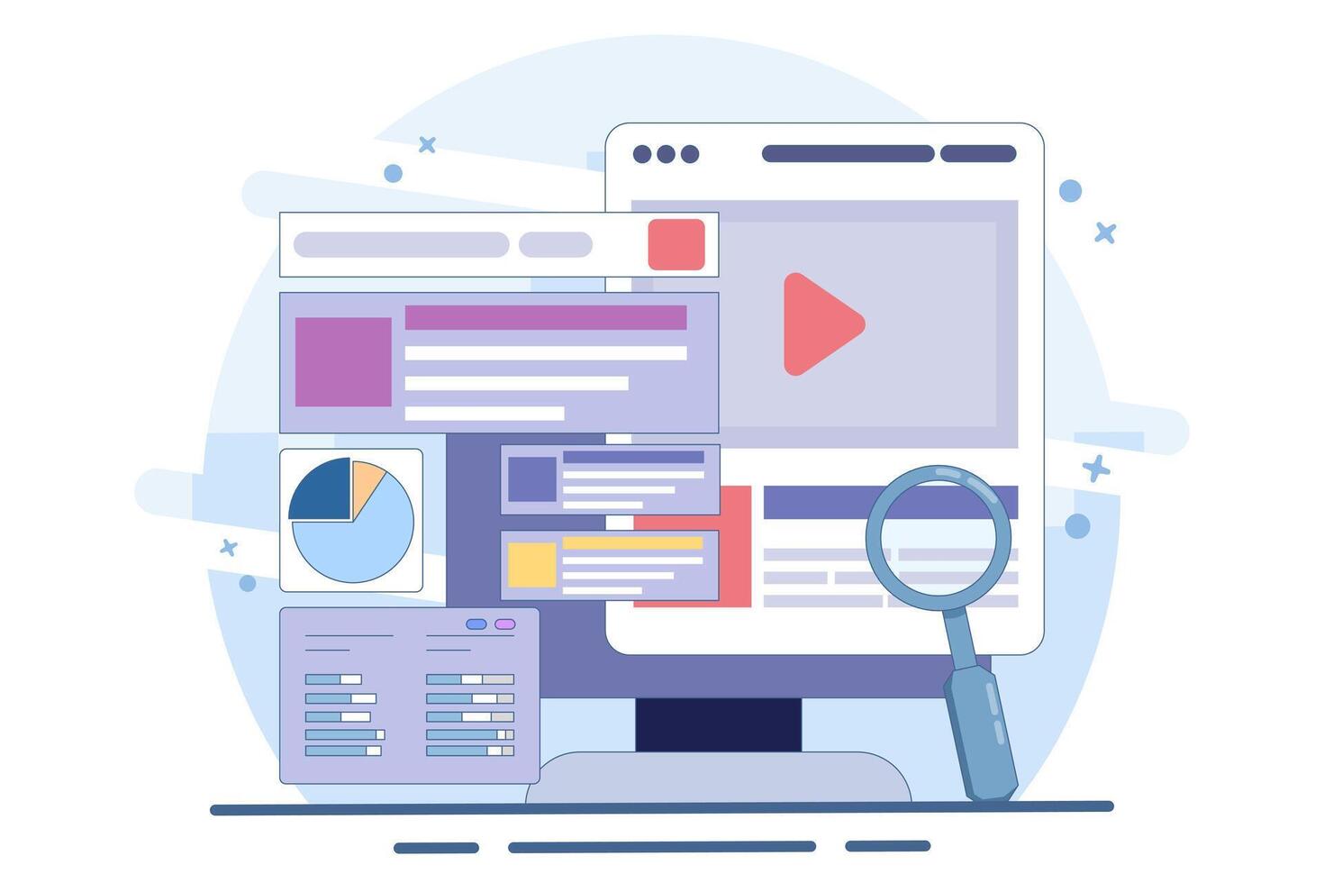 Search engine marketing concept, Running an advertising campaign on search engines, Search Ads send traffic to a website, Advertising analysis, flat illustration on background. vector