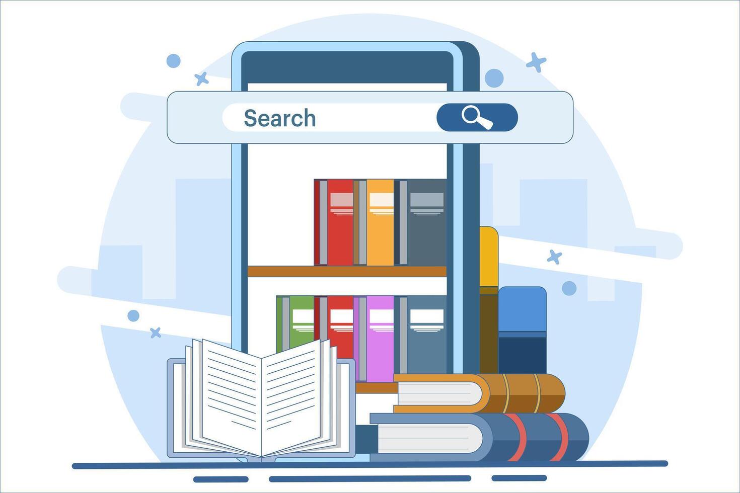 online library concept, Media book library, Female character reading book, Online bookstore, Reader app, Education, Digital bookshelf, Graduate online school. Flat illustration. vector