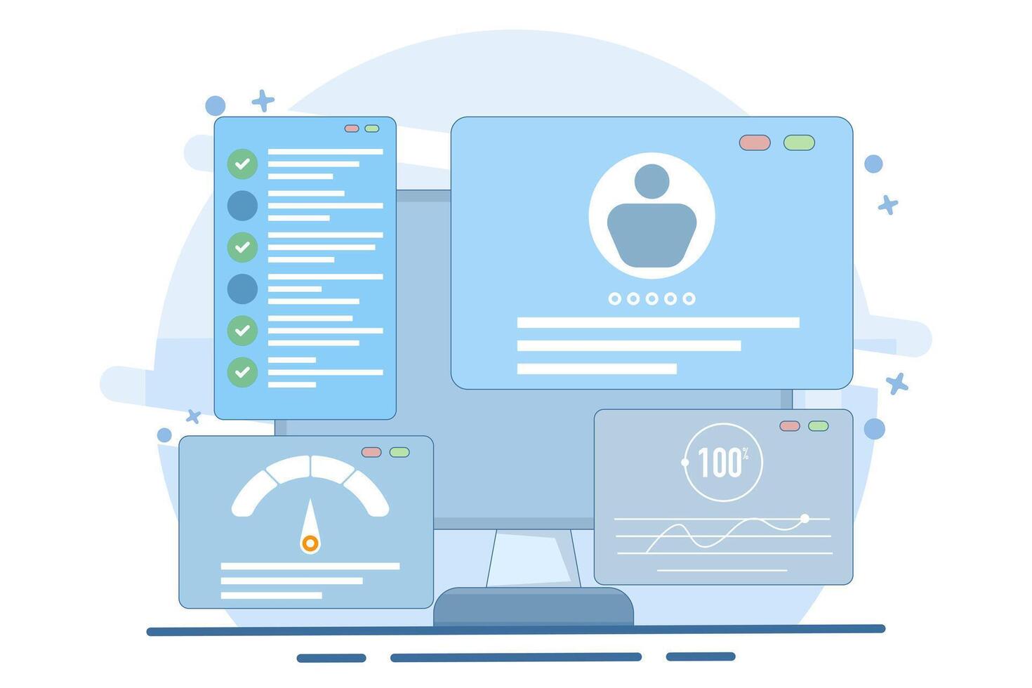 Flat illustration concept of usability testing, QA engineering, developer, Tester looking for bugs, Site testing, Software optimization process, checking application functionality. illustration. vector