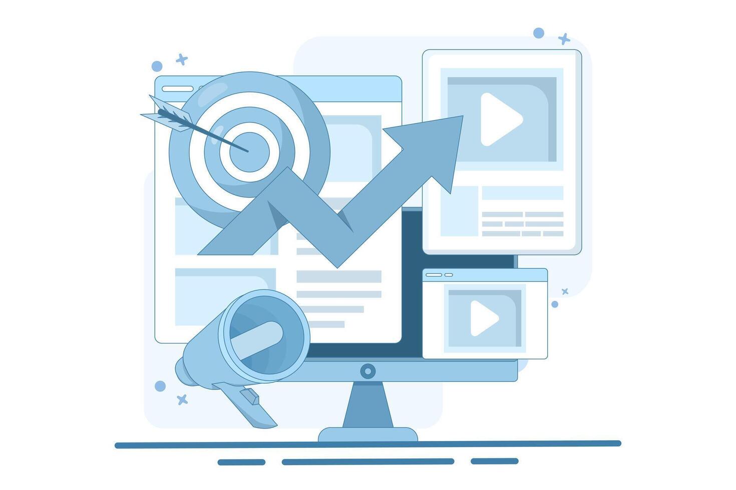 Website marketing concept, SEO, analytics, Social media, marketing, Digital marketing strategy, Search marketing, Content marketing, promotion. Flat design illustration. vector