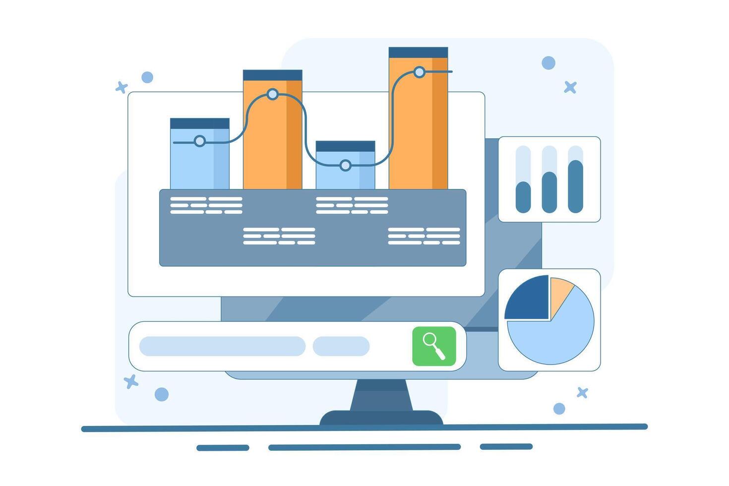 Graph search concept, business financial data analysis. Big data and analysis, document with graphs, flat design illustration. vector