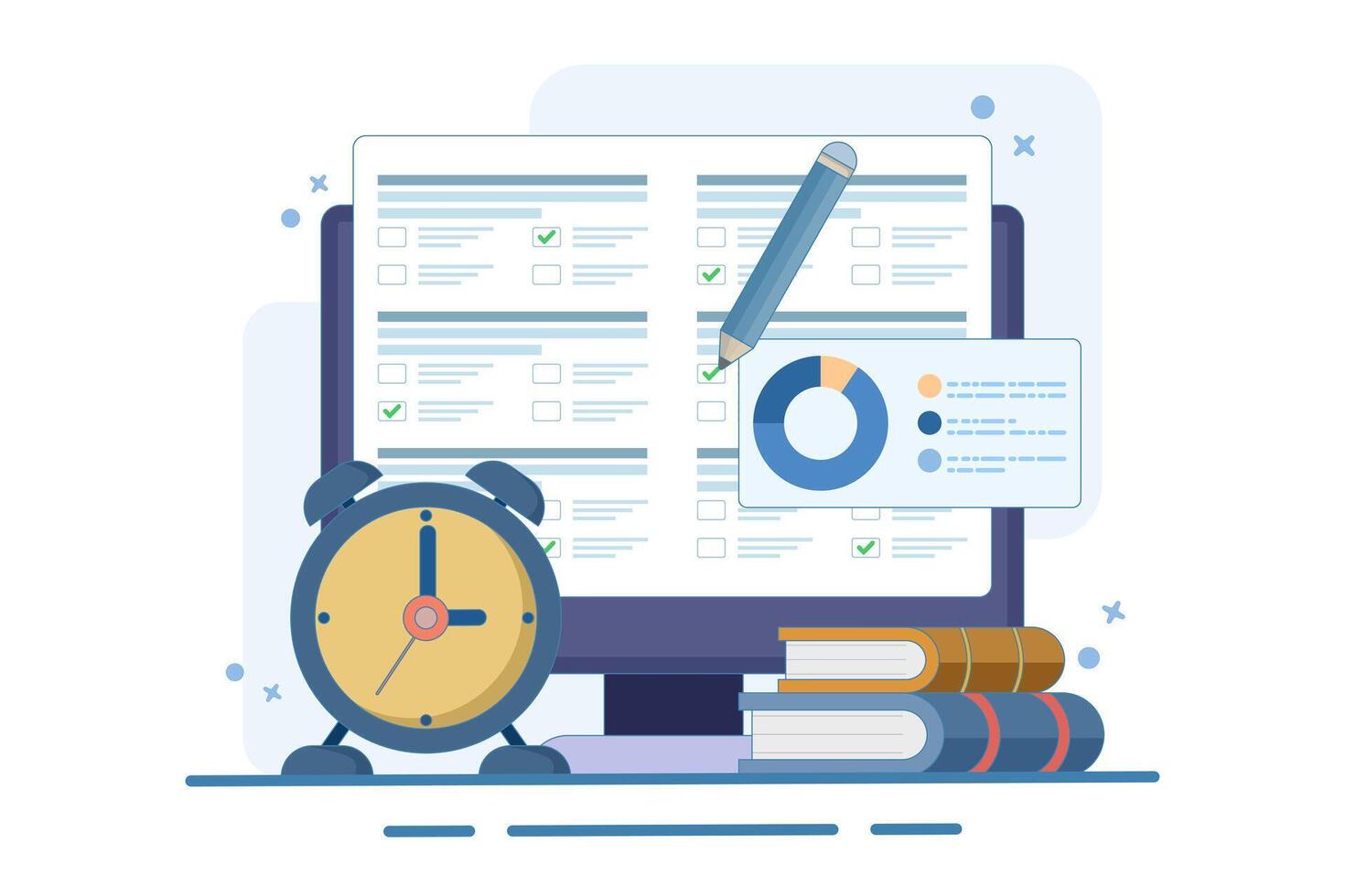 Concept of online exam on smartphone or computer. Online exam, opinion checklist, online education, questionnaire form, survey metaphor, answer internet quiz. Flat illustration. vector