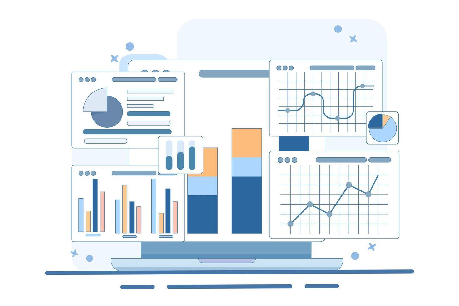 Performance monitoring concept. Research results and data analysis. Dashboard displaying growth data and statistical graphs. Device with financial reports on the screen. Flat illustration. vector
