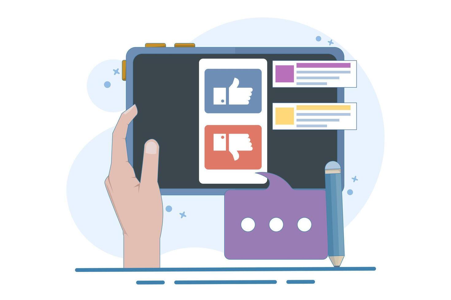 Feedback and survey concept. Giving positive feedback, choosing emoji to show satisfaction rating, and filling out survey form. User Experience Concept, Flat Illustration on background. vector