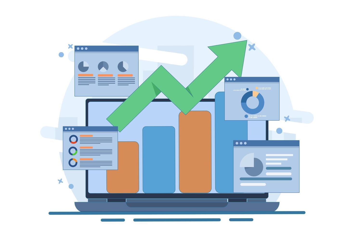 Business analysis concept, data processing, financial report, planning, management, statistics, finance, research, SEO marketing analysis, analysis, laptop screen success strategy. vector