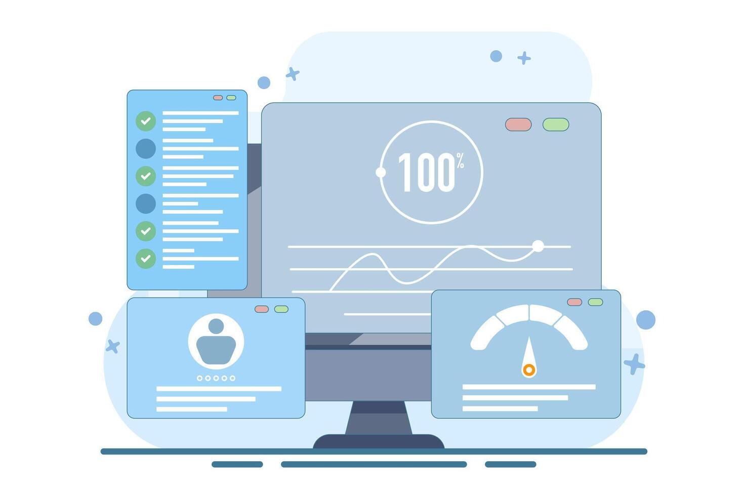 Flat illustration concept of usability testing, QA engineering, developer, Tester looking for bugs, Site testing, Software optimization process, checking application functionality. illustration. vector