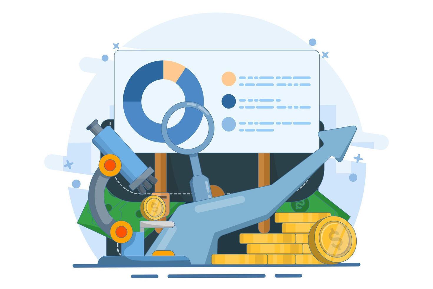 Financial analyst or consultant concept. Making financial operations. Financial studies, forecasts and risk assessments. Business strategy. Analyzing statistical or financial information. Illustration vector