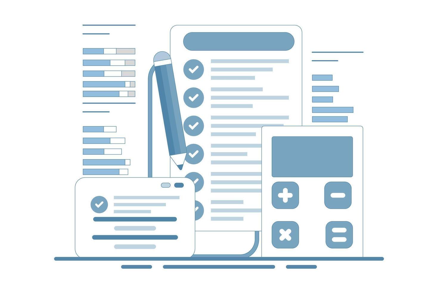 Budget bookkeeping concept. Documents. Accounting debit and credit, billing and income tax calculation. financial management. Flat illustration. vector