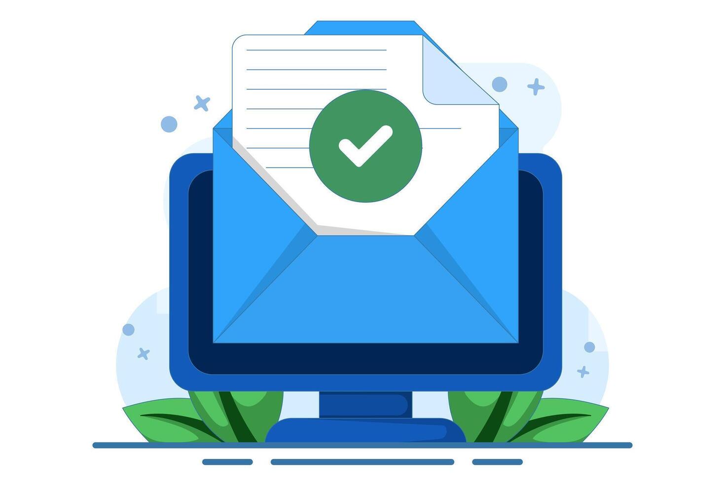 Concept of check mark notification on approved email message, online document on laptop computer, or digital letter successfully confirming application, verified document. vector