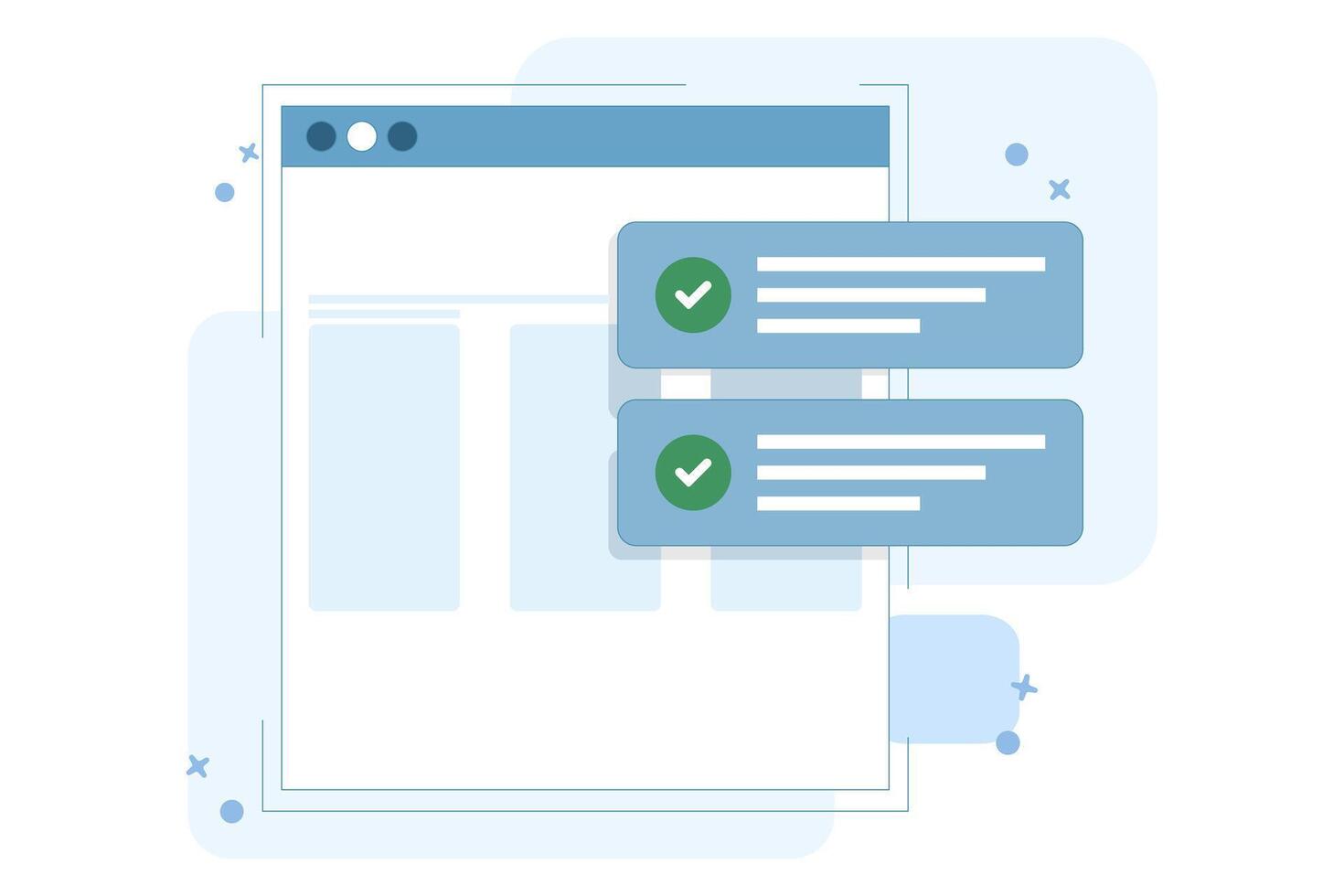 Website success notification concept with check mark, web updated task list with check mark on laptop computer flat cartoon , internet online digital check on pc report. illustration. vector