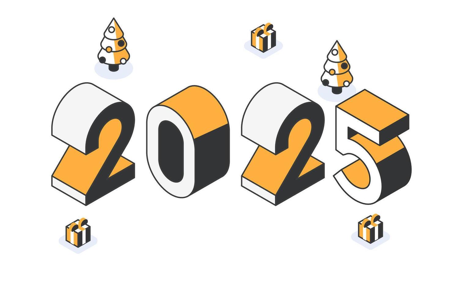New year 2025 poster design with isometric figures on the ground with Christmas trees and gifts. Flyer, banner, poster design concept in minimalistic style. vector