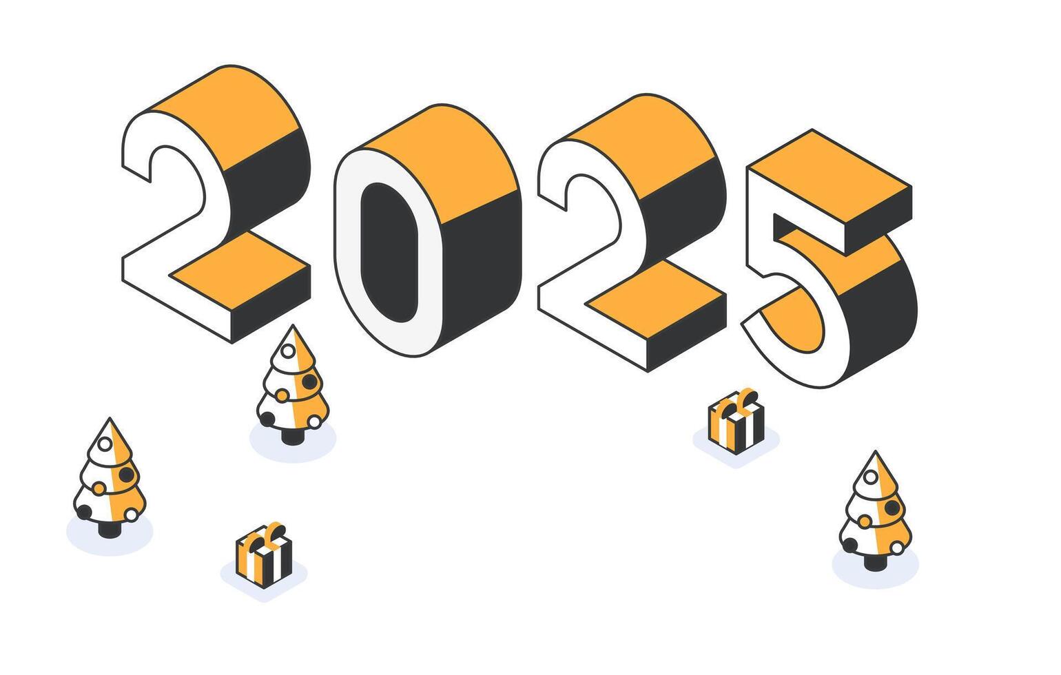 Poster design with isometric numbers, Christmas trees and gifts for the year 2025. Design concept for flyer, banner, poster in minimalistic style. vector