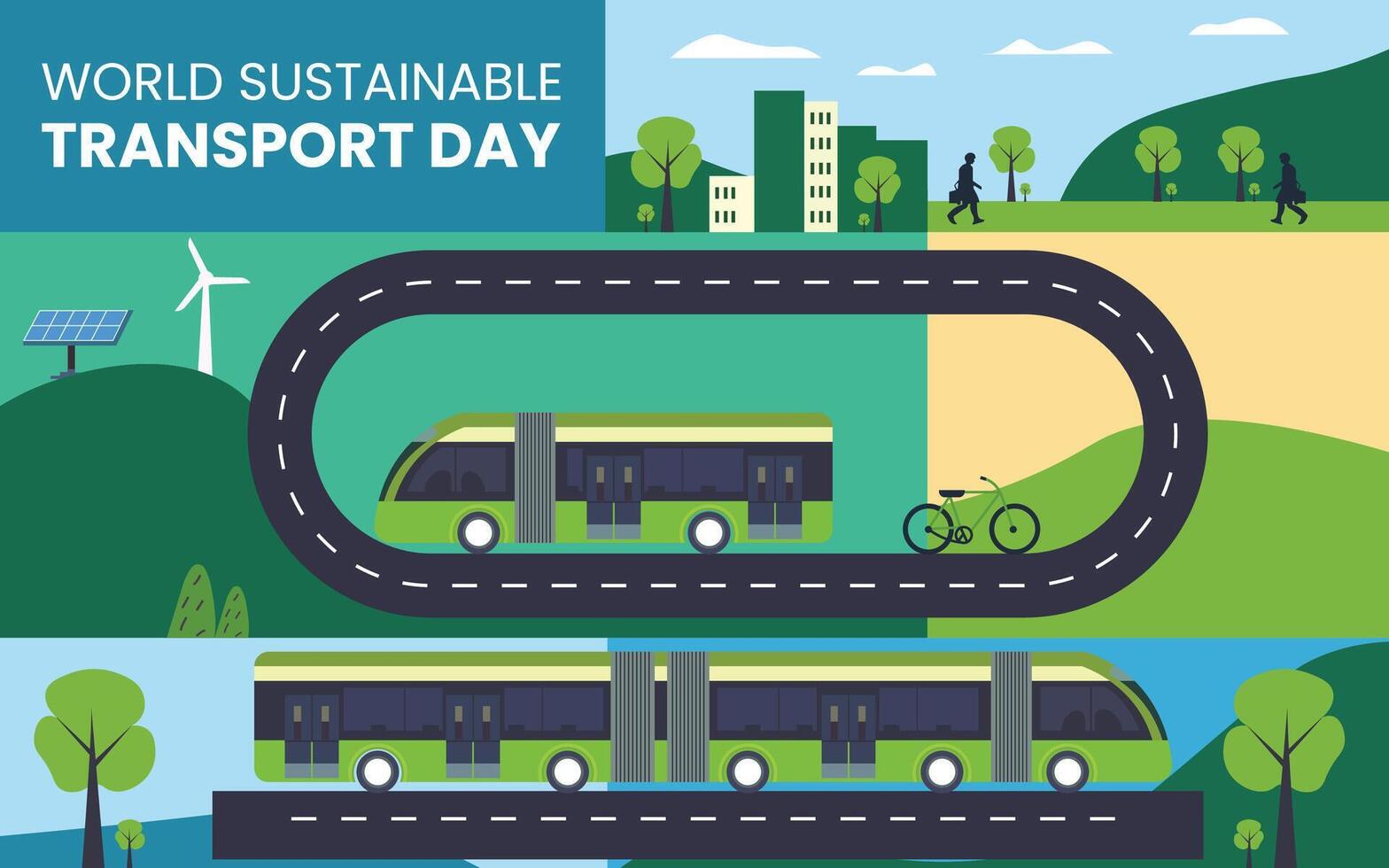World sustainable transport day poster with green buses and trees vector