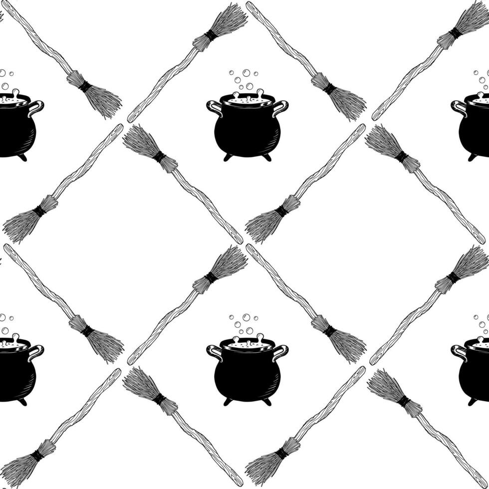 Seamless pattern for Halloween. Decorative backdrop with brooms and cauldrons. Sketch style background for Halloween. Background for websites, packaging, wallpapers, etc. vector