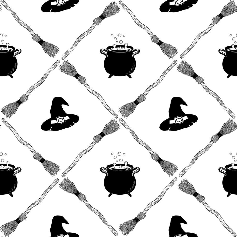 Seamless pattern for Halloween. Decorative backdrop with brooms, hats and cauldrons. Sketch style background for Halloween. Background for websites, packaging, wallpapers, etc. vector