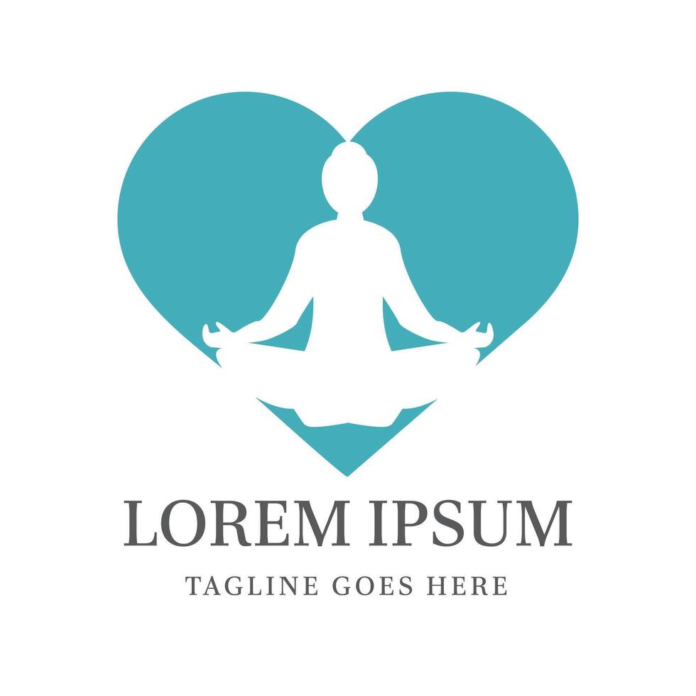 Simple meditation logo with a woman sitting in lotus position in front of a turquoise heart-shaped background. Suitable for health, yoga, wellness, and mindfulness businesses. vector
