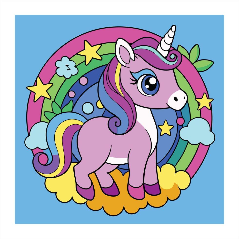 A cartoon unicorn with rainbow background vector