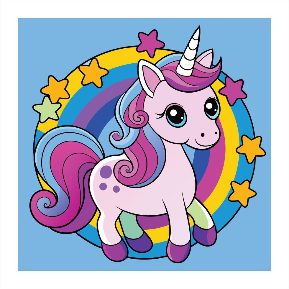 A cartoon unicorn with stars on a rainbow background vector
