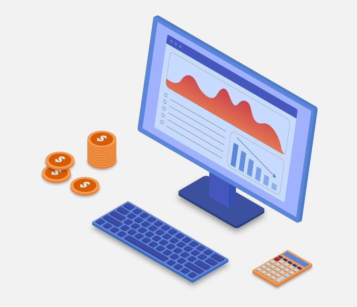 costo controlar concepto con computadora, apilar de monedas y calculadora 3d isométrica en blanco vector