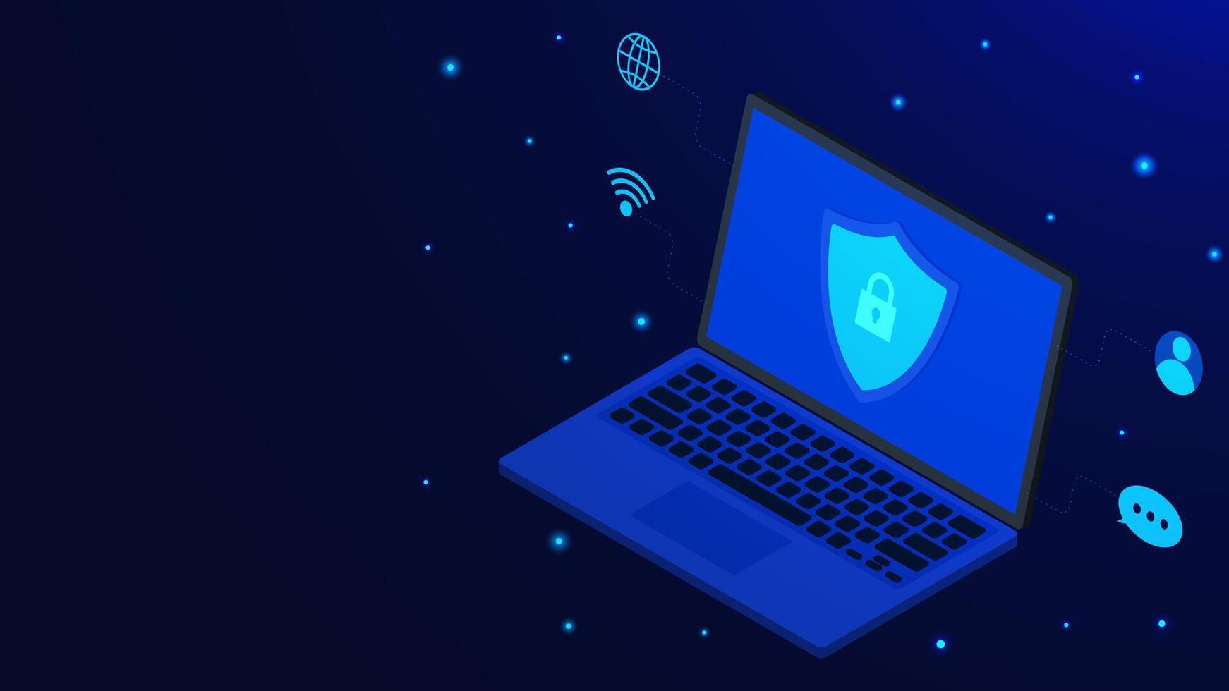 Futuristic cyber security concept. 3D isometric laptop, shield, padlock, wi-fi, web, chat, user data and safety internet technology on dark blue vector