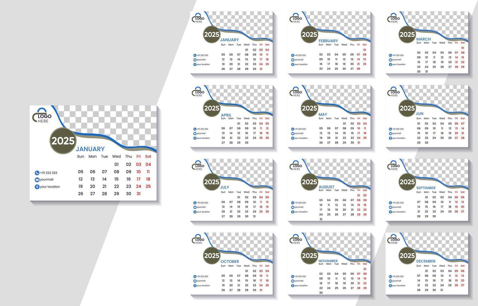 2025 Monthly Calendar Template with Photo Placeholder vector