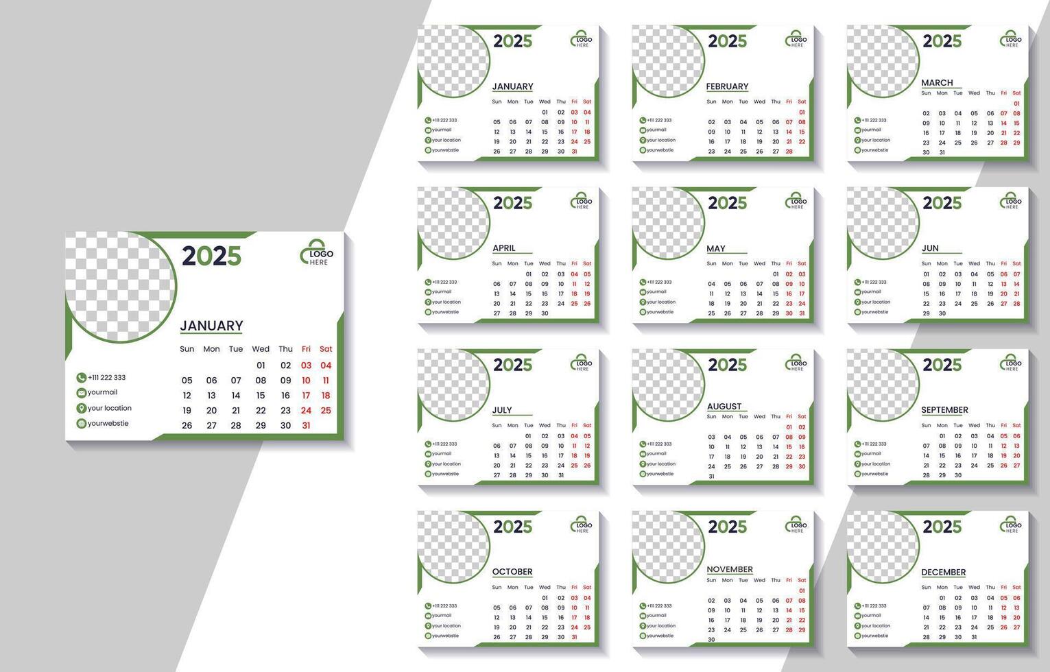 2025 Calendar Template with Editable Design for Business Branding and Logo Integration vector