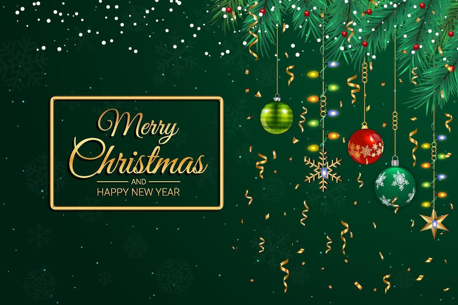 Christmas Greeting Card with Hanging Ornaments and Pine Branches on Dark Green Background vector