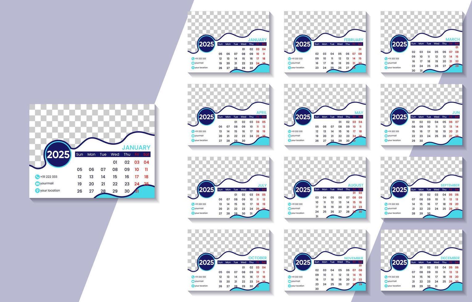 2025 new year annual calendar template full page printable design vector