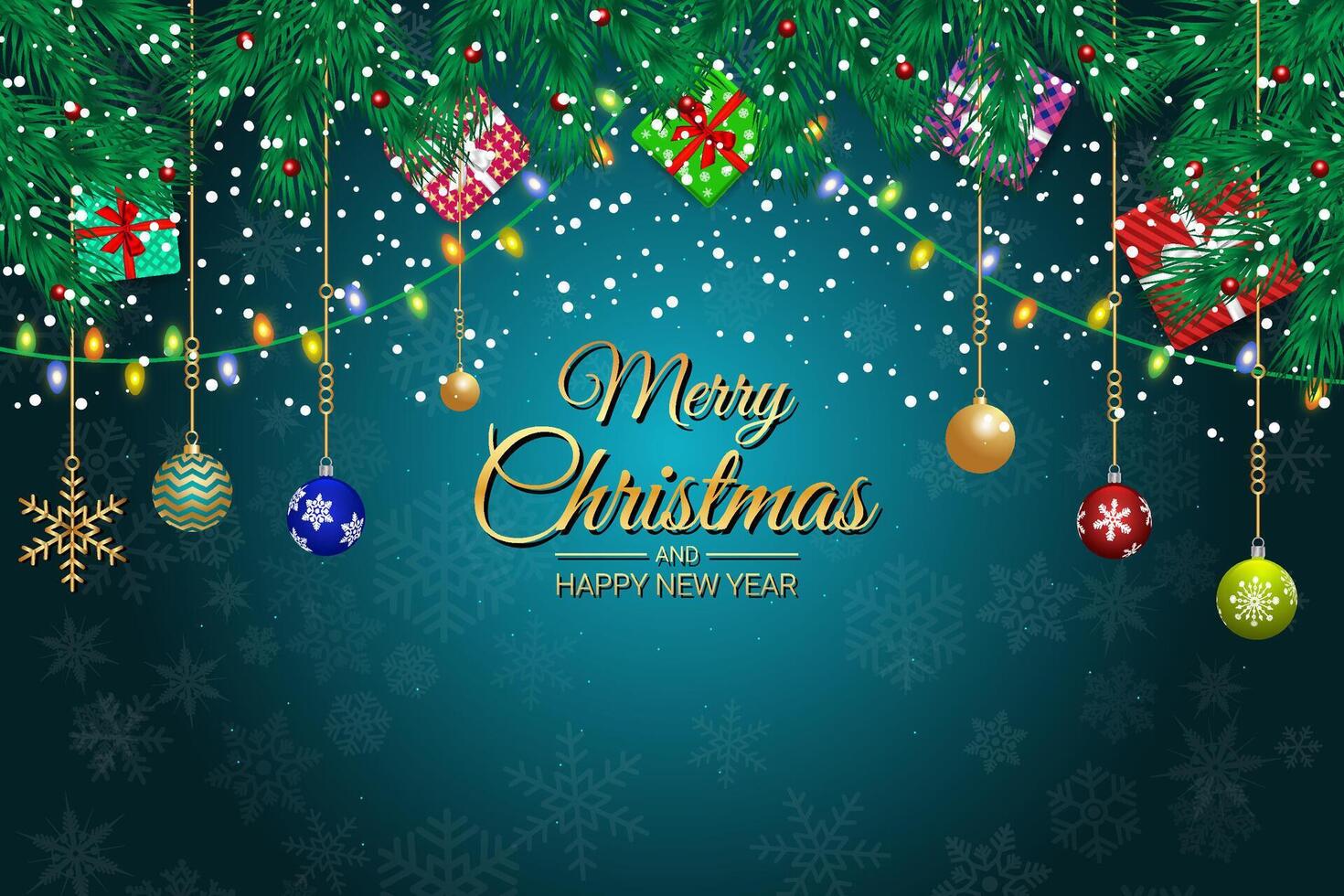 Christmas greeting card with ornaments and gift boxes vector