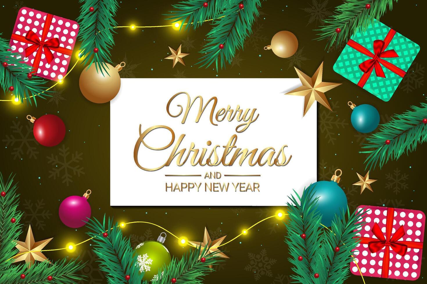 Christmas Card with Ornaments, Gifts, and Pine Branches on a Festive Green Background vector