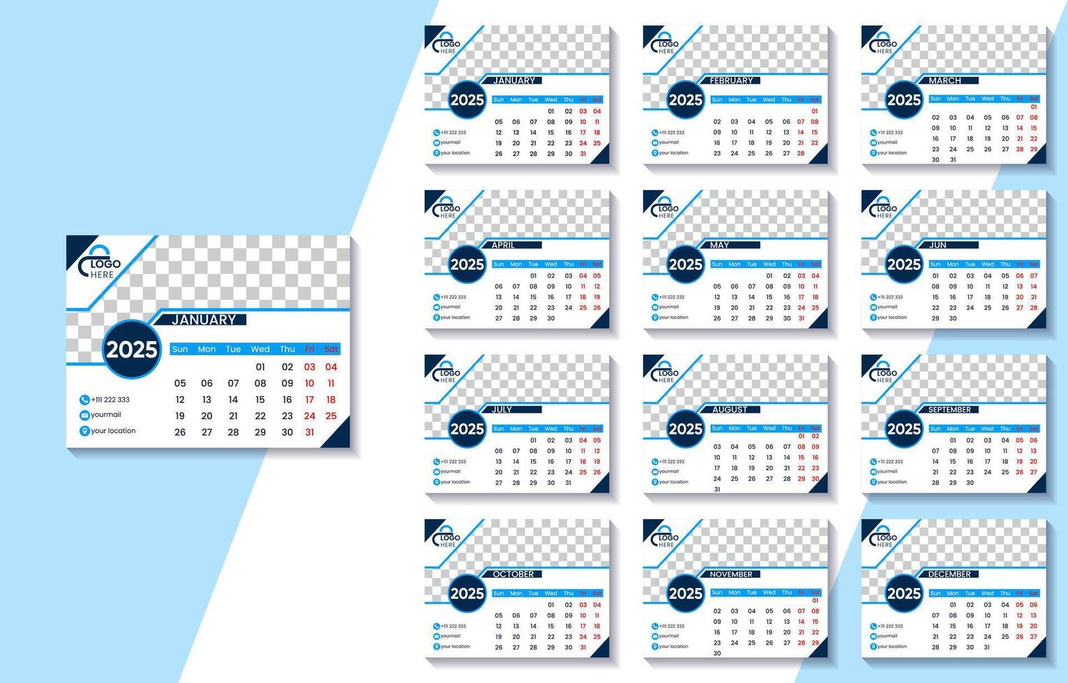 2025 Calendar Template with Customizable Photo Placeholder and Modern Design vector