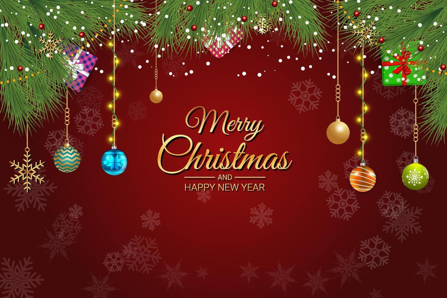 Red Christmas Background with Hanging Ornaments and Festive Gift Boxes vector