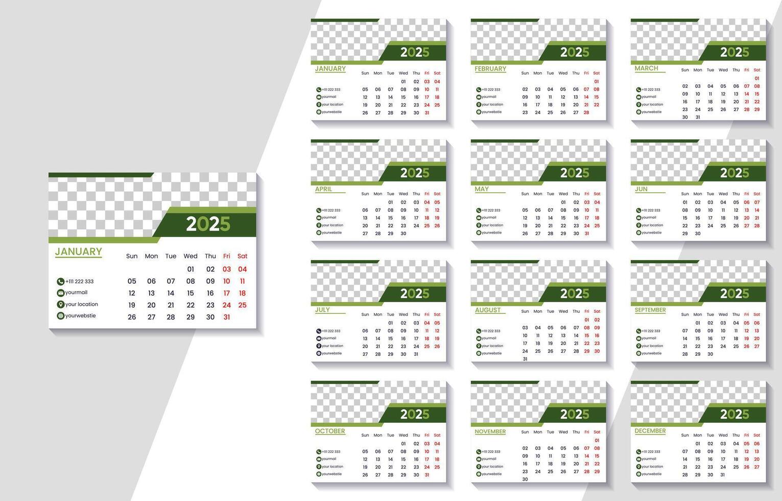 2025 Calendar Template with Customizable Photo Area and Green Accents vector