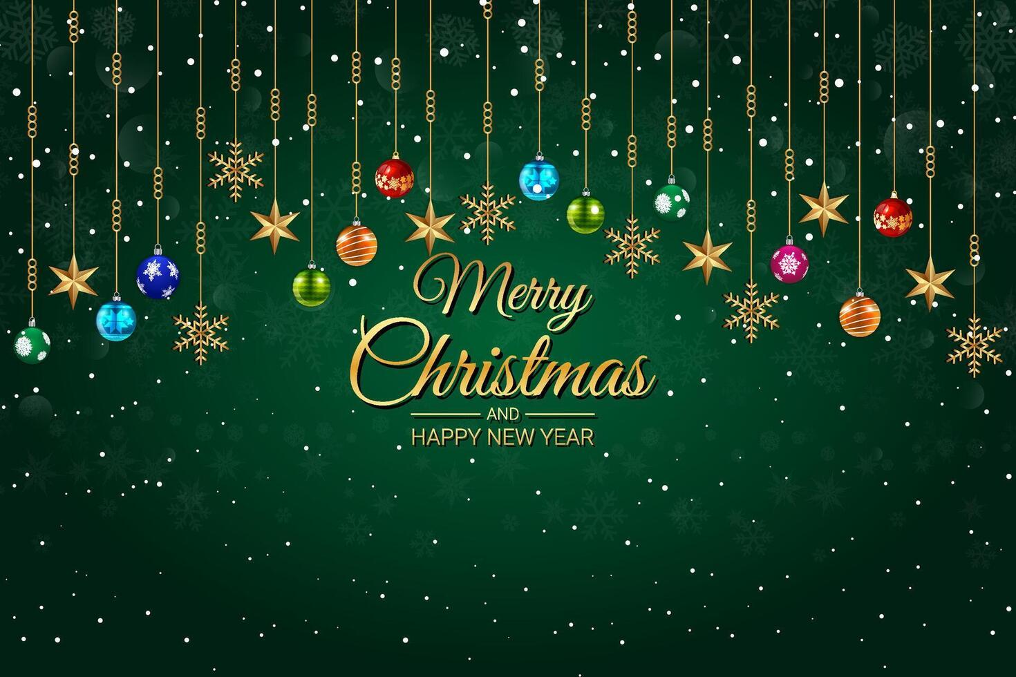 Merry Christmas and Happy New Year Greeting Card with Hanging Ornaments on Green Background vector