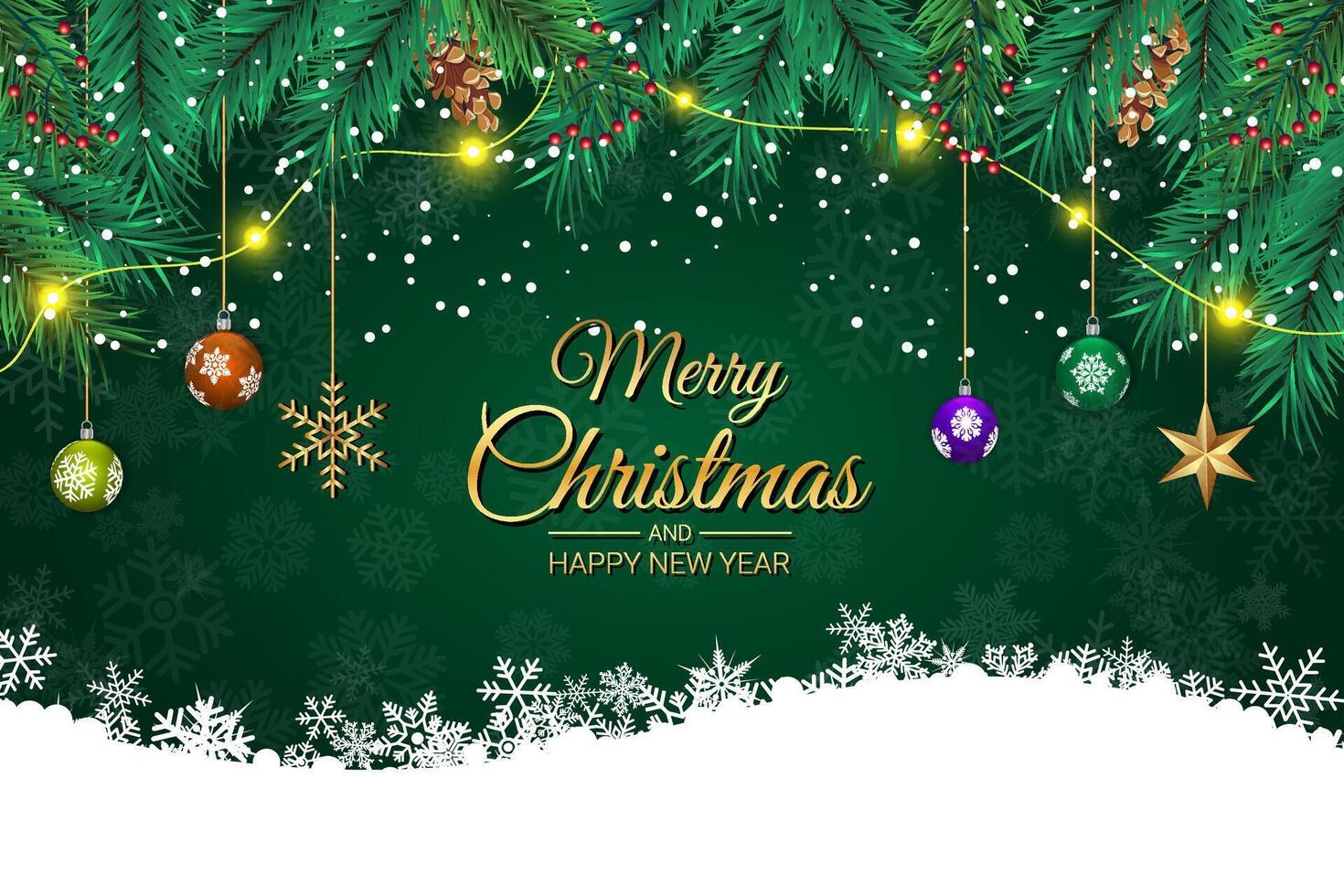 Christmas Greeting Card with Fir Garland and Ornaments on Green Background vector