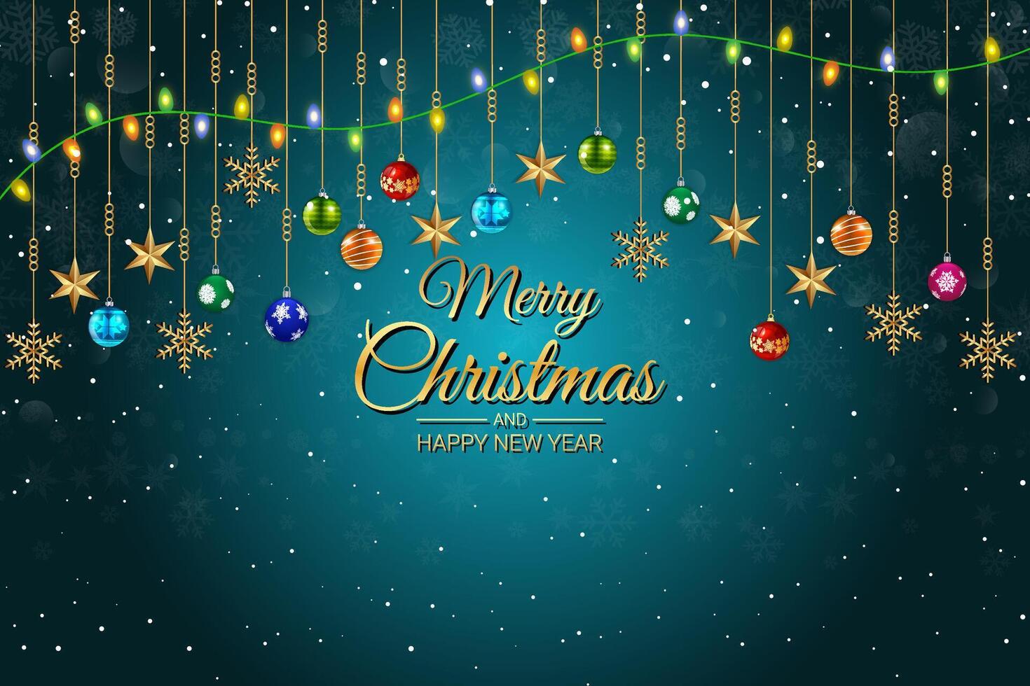 Christmas greeting card with hanging ornaments and stars vector
