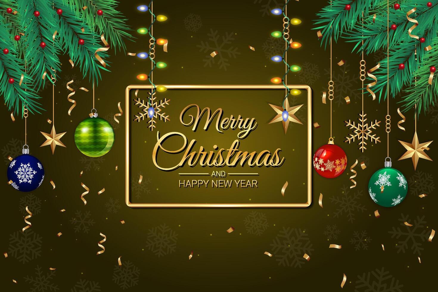 Christmas Greeting Card with Pine Branches, Ornaments, and Festive Lights vector