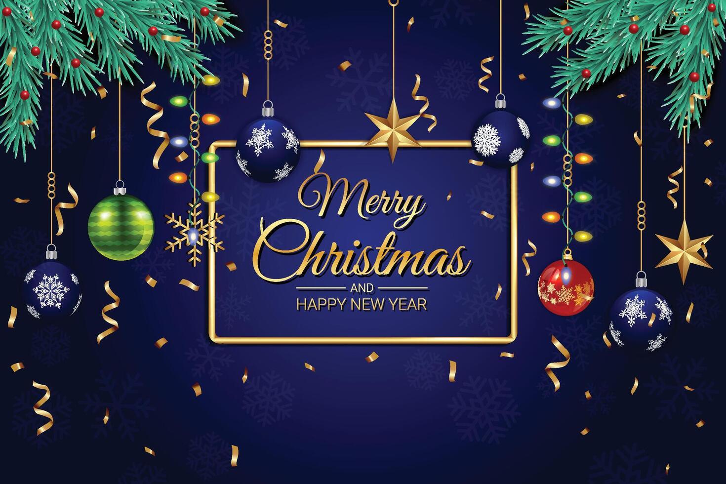 Festive Christmas and New Year Greeting with Ornaments and Gold Frame on Dark Blue Background vector