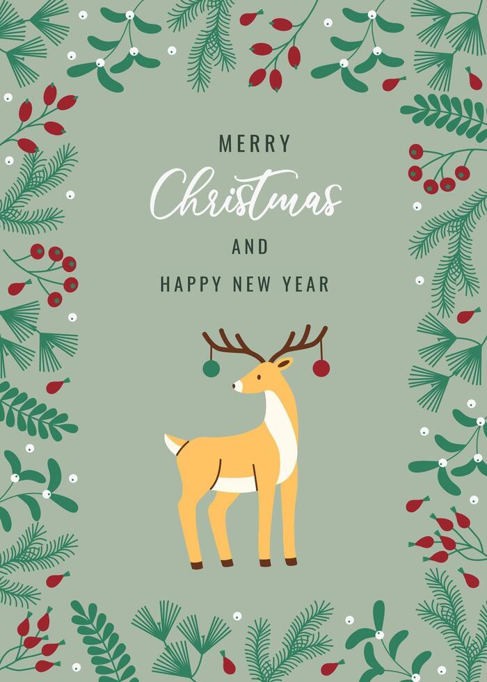 Flat style Christmas card featuring a charming reindeer with ornaments on its antlers, surrounded by festive greenery and berries. Perfect for holiday greetings and seasonal decorations. vector
