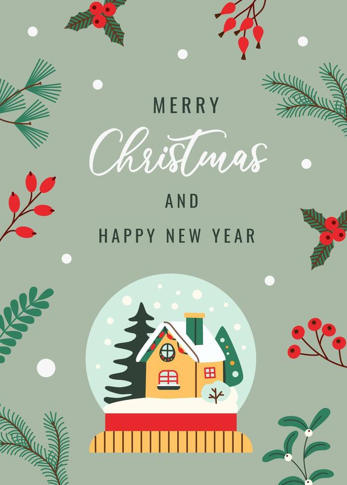 Flat style Christmas card featuring a festive snow globe with a cozy winter house, surrounded by holiday greenery and berries. Ideal for seasonal greetings, invitations, and holiday decorations. vector