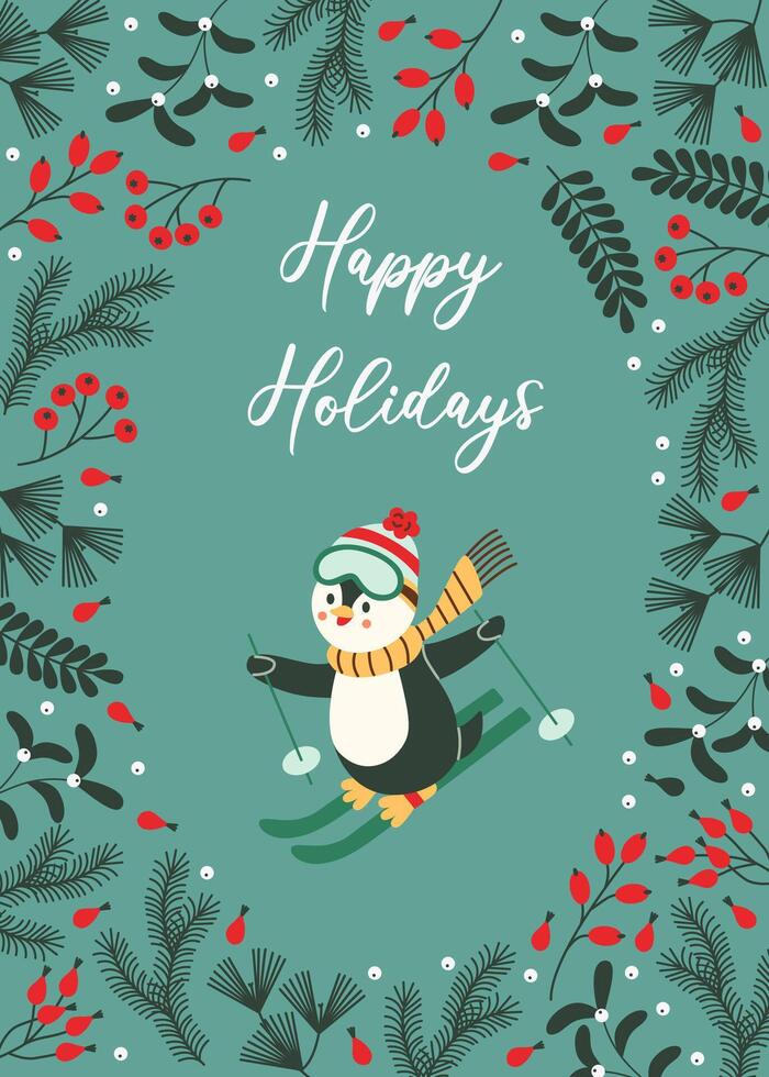 Flat style holiday card featuring a cheerful skiing penguin surrounded by festive winter foliage and berries. Perfect for spreading holiday cheer and seasonal greetings. vector