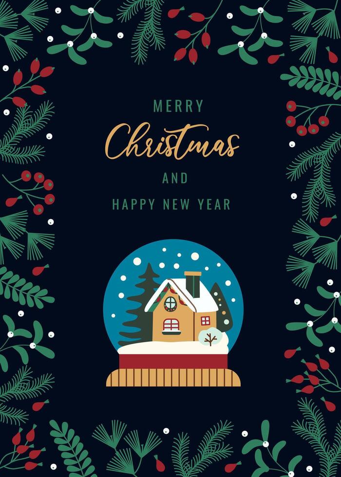 Elegant flat style Christmas card featuring a snow globe with a cozy house and pine trees. Dark background and greenery frame add a warm holiday touch. Perfect for Christmas and New Year greetings. vector