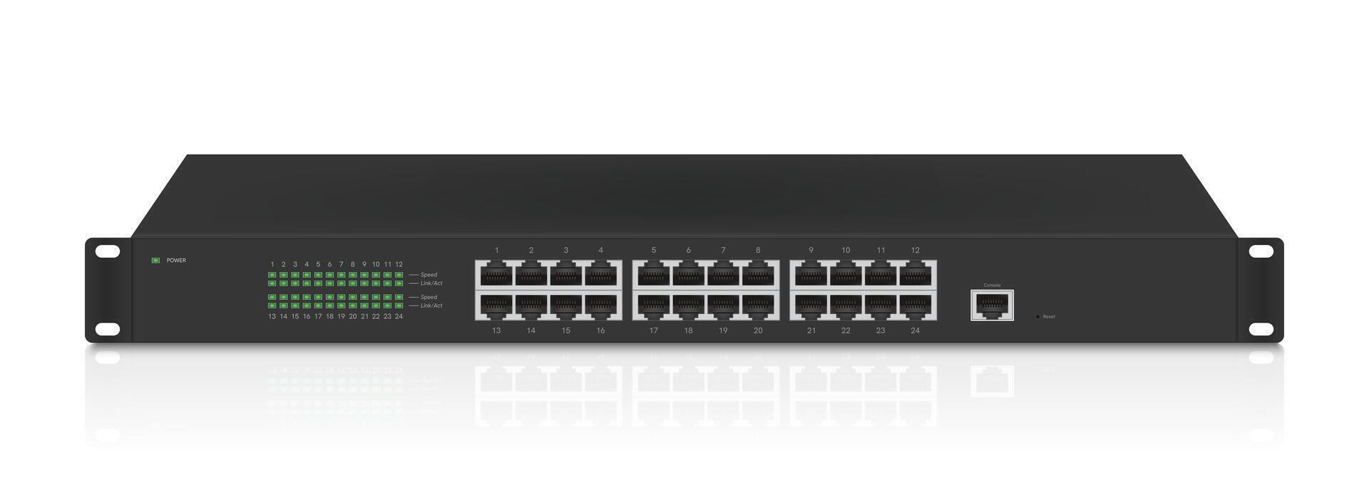 Realistic 24 port ethernet switch front view isolated on the white background. vector