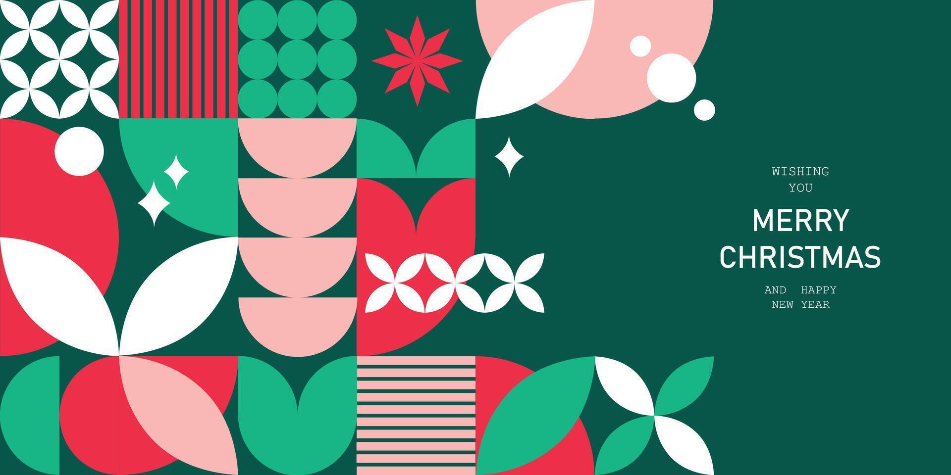 Christmas and New Year greeting card or horizontal banner with geometric symbols in an abstract mosaic pattern, perfect for festive designs. vector